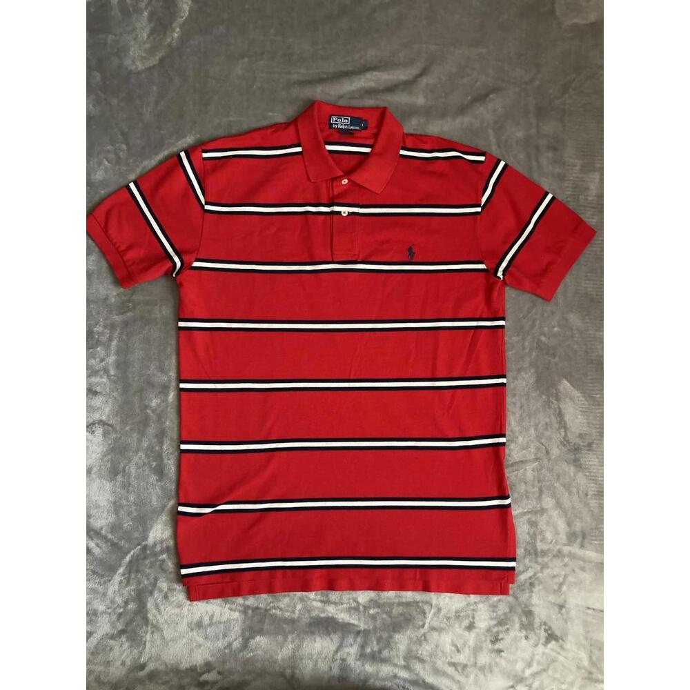 Polo Ralph Lauren Vintage Knit Mesh Classic Fit Striped Polo Shirt Red Sz Large